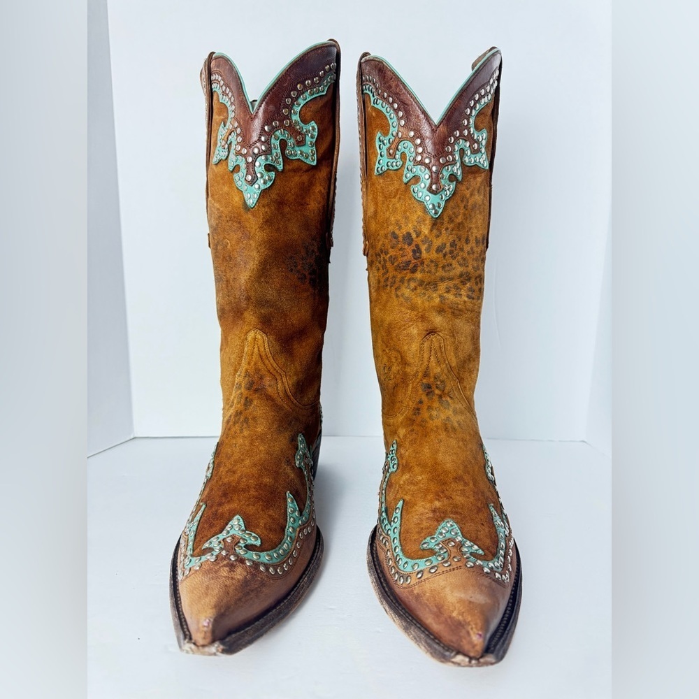 Old Gringo Western Tan and Turquoise Leather Cowboy Boots Size 9B - Picture 2 of 15